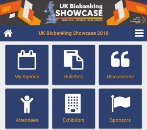 BiobankingShowcaseApp Screenshot of the conference app on a smartphone screen with icons denoting app functionality